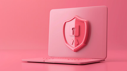Laptop with pink shield concept 3d illustration on pink background
