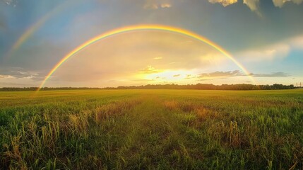 A bright rainbow arches over a vast green field during a stunning sunset, creating a peaceful and vibrant countryside scene.
