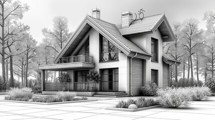 Vector illustration. Drawing of a house with architect's plans.