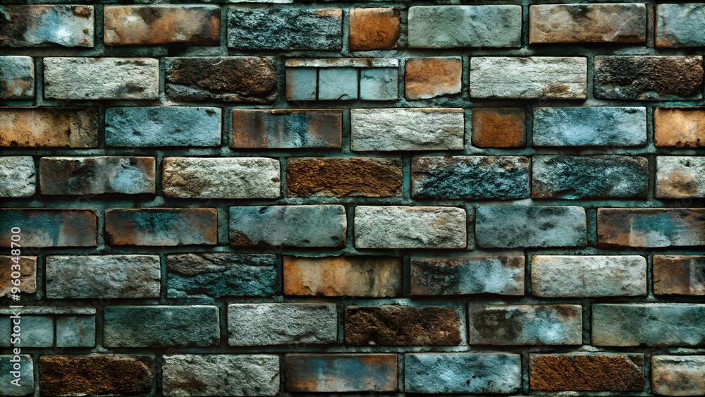 Wall mural Colorful textured brick wall with a mix of brown, gray, and turquoise tones, illuminated by soft light for a dynamic look
