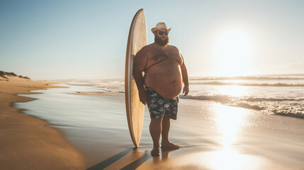 Plus size man posing with a surfboard on the beach against the backdrop of high waves. Surfing on the ocean coast.