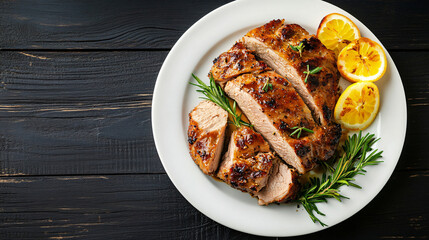 Delicious sliced roast turkey breast on a white plate with rosemary and lemon on a dark wooden background