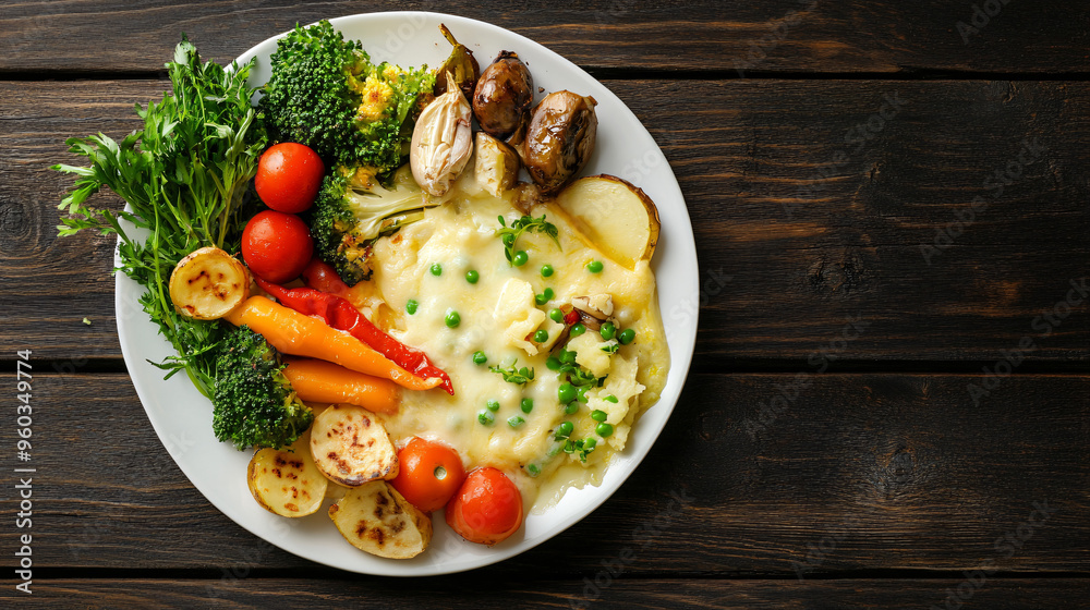 Wall mural tartiflette serving with reblochon cheese, potatoes and various vegetables on white plate, photograp