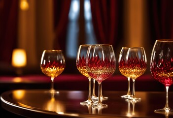 captivating reflections wine glasses illuminated soft light creating stunning visual display, beverage, color, shadows, design, elegance, art, surface