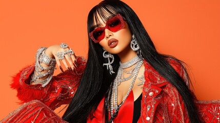 Glamorous Fashion Model in Red with Sunglasses and Jewelry