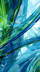 Abstract background with blue and green lines. 3d render of transparent glass, plastic swirls. Holographic texture in Y2K style. Iiridescent surface in fluid art style. Visual effect futuristic banner