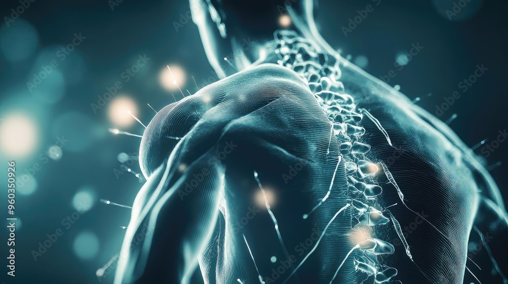 Poster A close-up view of a human back highlighting the spine with glowing elements, symbolizing the connection of body and mind.