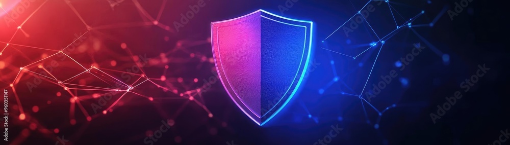 Poster a vibrant digital shield symbolizing security and protection in a tech-savvy world, glowing with red