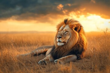 A majestic lion resting on a sunlit savannah with a stormy horizon