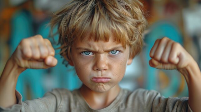 A determined child poses with raised fists, looking directly into the camera with a dramatic expression. The image captures a sense of strength and assertiveness amid a colorful background.