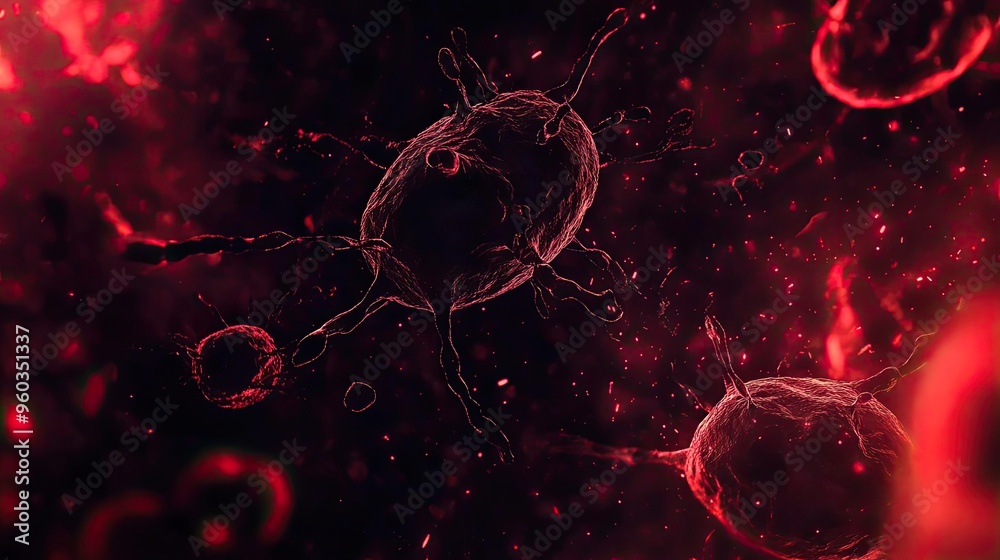 Aufkleber abstract depiction of cells in a red environment, showcasing the intricate details and vibrant color