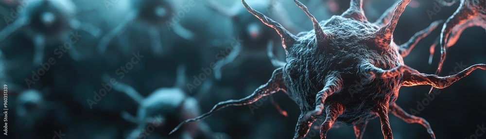 Poster close-up view of a virus, showcasing intricate details and texture, set against a blurred background