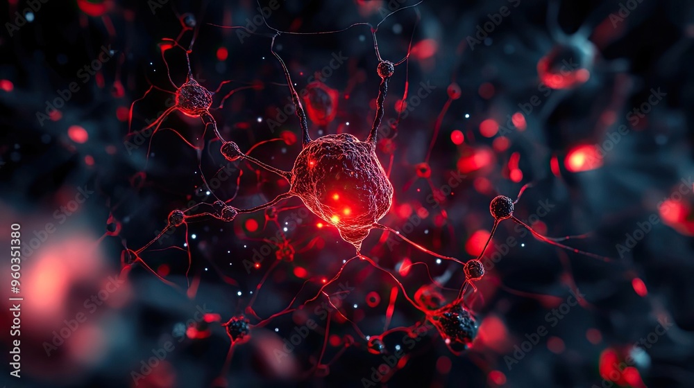 Poster Intricate close-up of glowing red neuron in a dark background, showcasing the beauty of cellular structures in science.