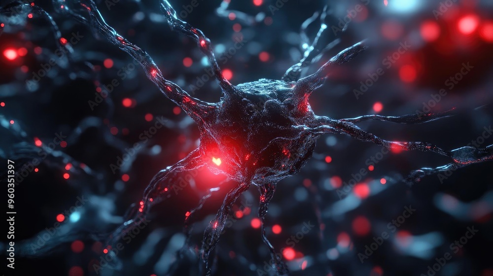 Poster stunning close-up of a neuron with glowing connections, showcasing the beauty of cellular communicat