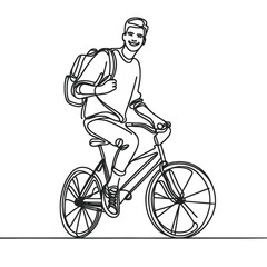 Naklejka premium Cute guy in jeans and sneakers riding a bike in a line drawing style