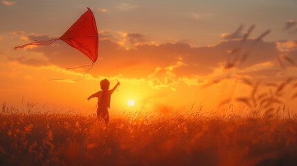 A silhouetted child holding and flying a red kite against a stunning sunset backdrop in a vast open field, showcasing the themes of freedom, playfulness, and the beauty of nature.