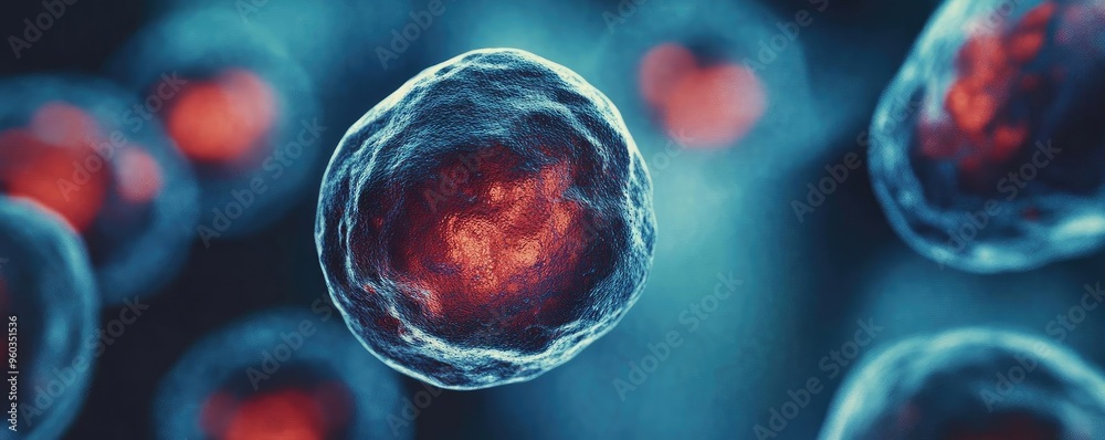 Poster a vibrant and detailed illustration of a cell with glowing components, showcasing cellular structure