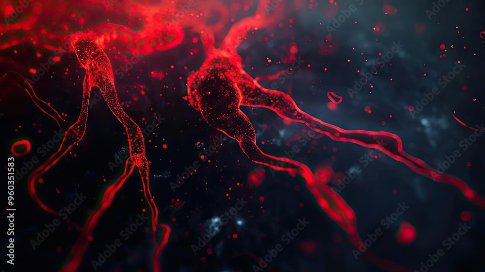 Poster Close-up view of red fluid dynamics on a dark background, creating a dramatic and captivating abstract design.
