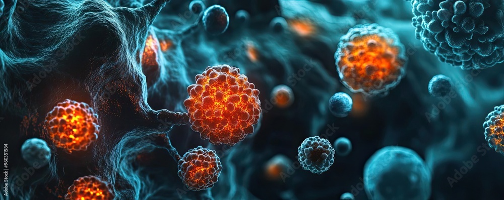 Poster A vibrant close-up of microscopic cells, showcasing intricate details of biological structure and color variations.