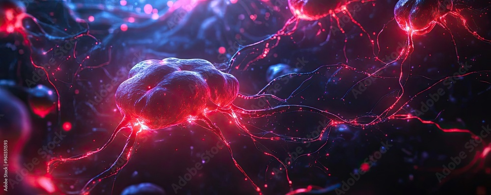 Poster A vibrant close-up of neural networks illuminated in red and blue, showcasing intricate connections and dynamic energy.