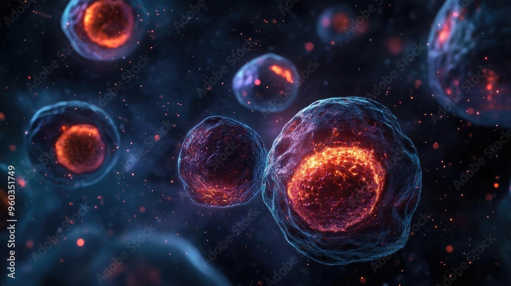 Poster vibrant microscopic view of cells showcasing intricate structures and glowing elements against a cos