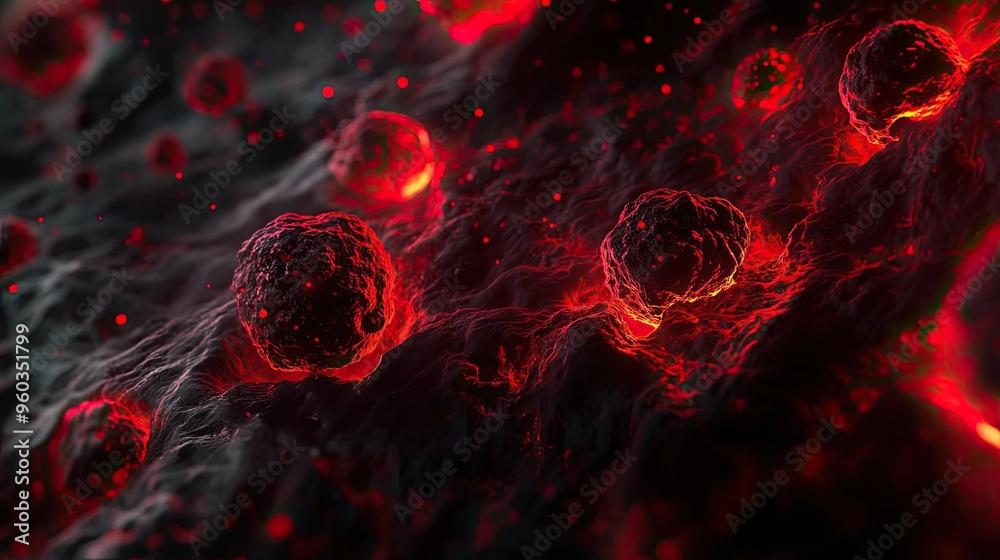 Poster Abstract representation of red cells with glowing effects, showcasing intricate details and a dynamic, vibrant atmosphere.