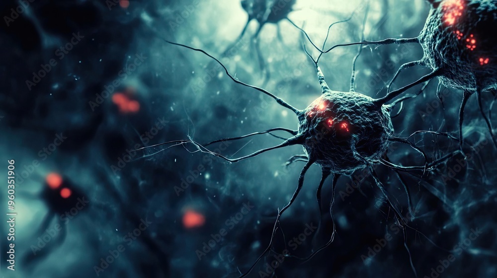Poster Close-up view of a neuron network with glowing elements, showcasing intricate details of neural connections and structures.