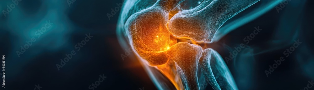 Poster an illuminated 3d visualization of a knee joint, highlighting a vibrant area to represent pain, inju