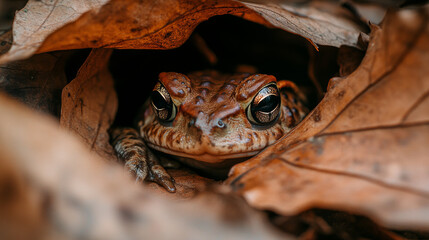 Obraz premium Close-Up of a Toad Hiding in Leaves