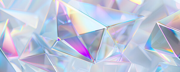 Obraz premium Abstract holographic texture of geometric crystals in Y2K style. Macro 3d render of transparent glass, mineral, plastic. Sharp iridescent sleek surface on light background. Trendy futuristic banner.