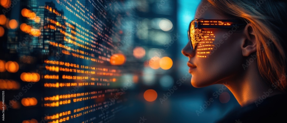 Wall mural Woman Looking Through Digital Interface With City Lights Reflected in Her Glasses