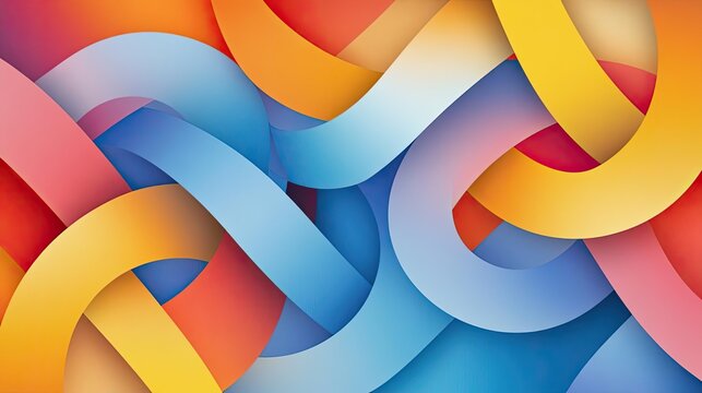 A vibrant abstract design featuring intertwined layers of colorful ribbons, showcasing a blend of warm and cool tones.