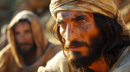 Obraz premium Jesus healing a blind man in silence, surrounded by the tranquil beauty of nature, with the soft glow of dawn light illuminating the scene, the background filled with the peaceful sounds of nature,