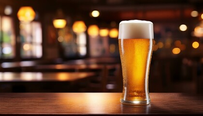 A glass of beer on the table in a pub