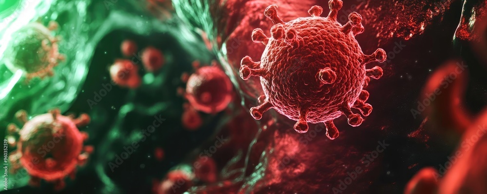 Poster Close-up view of a virus depicted in vibrant colors, showcasing intricate details and textures of its surface structure.