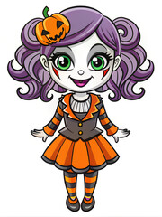Fototapeta premium Cute Halloween character with pumpkin hat, colorful Halloween designs, web icons. Vibrant palette and cheerful style, children's products or party invitations