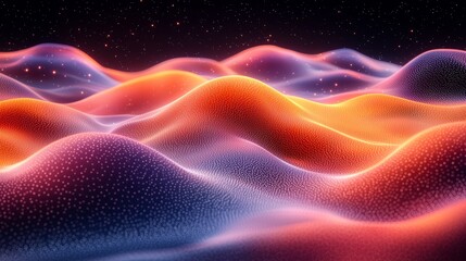 Fototapeta premium Vibrant digital landscape with flowing hills in shades of orange and purple against a starry night sky
