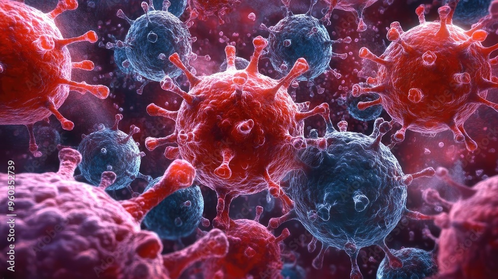 Poster Close-up view of colorful virus particles highlighting their intricate structures and potential implications for health.
