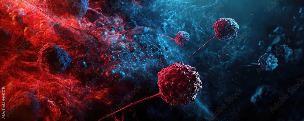 Poster vivid abstract representation of cells in vibrant red and blue colors, showcasing the dynamic nature
