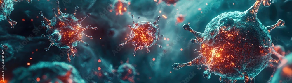 Poster Colorful and detailed microscopic view of viruses in a dynamic environment, showcasing intricate structures and vibrant aspects.
