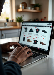 a man is working on a laptop with an ecommerce website for selling clothing line on cyber monday deals