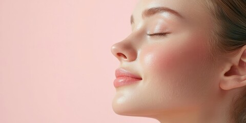 Closeup of woman with glossy, hydrated skin after using facial oil, glowing effect, soft lighting, skincare results