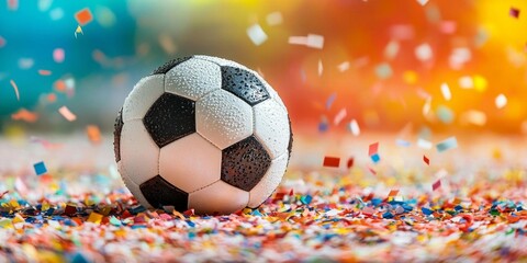 Victorious Soccer Ball Amidst Colorful Confetti Explosion: European Championship Celebration Concept. Dynamic Sports Imagery for Marketing Campaigns, Cultural Events, and Health Promotion. AI-Generate
