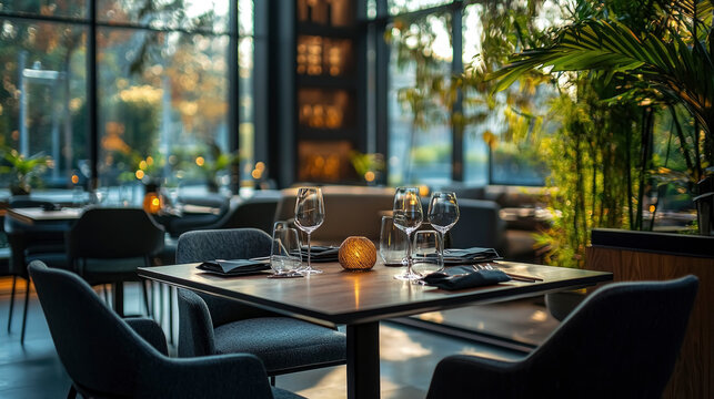 A stylish restaurant table set for dining, featuring elegant glassware, a decorative candle, and lush greenery, all illuminated by warm, inviting light.