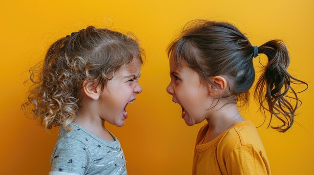 Two children, one with curly hair and the other with a ponytail, loudly yelling at each other against a vivid yellow backdrop, representing a fierce argument or play fight.
