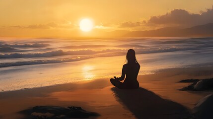 Fototapeta premium Woman Meditating at Sunrise Beach with Serene Ocean Waves and Tranquil Surroundings