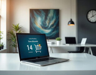 a laptop on desk with shopping cart icon and cyber monday countdown timer display on laptop screen
