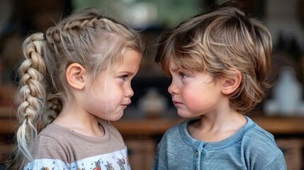 Image showing two young children facing each other with serious expressions, capturing a moment of tension or confrontation in an indoor setting.