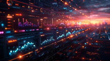 Obraz premium Digital analytics data visualization, financial schedule, monitor screen in perspective