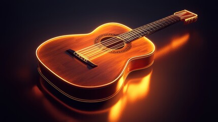 Naklejka premium Glowing Acoustic Guitar on a Dark Background Showcasing the Musical Instrument s Craftsmanship